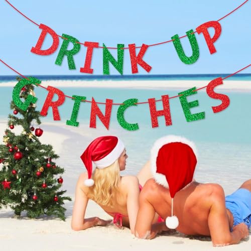 Drink Up Christmas Decorations Red Green Glittery Christmas Banner Xmas Garland Banners Winter Holiday Garland Photo Props Banners Christma Party Decorations for Xmas Backdrop Decorations