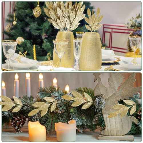 KIMOBER 20PCS Christmas Artificial Leaves,Glitter Golden Fake Floral Spray Picks Branches Twig for Xmas Tree Wreath Wedding Bouquet Decoration
