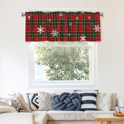 Green Red Christmas Snowflake Plaid Valance for Windows 54x18 Inch