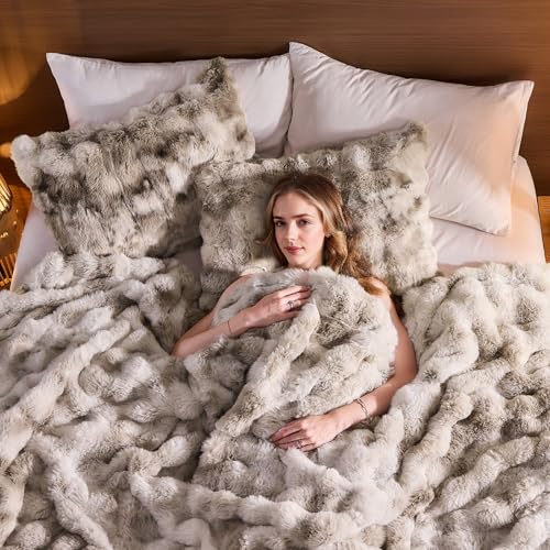 Jeyfull Fluffy Faux Rabbit Fur Throw Blanket King Size 108x90 Tie-Dyed Beige
