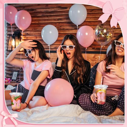 Sliner 16oz Pink Bow Plastic Cups with Straw - Pack of 25, Coquette Style