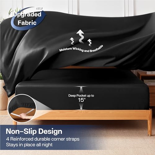 Black Queen Bed Sheets Set - Rayon Bamboo Blend, Deep Fitted & Pillowcases