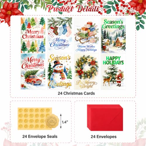 Bulk Christmas Cards with Envelopes & Stickers - Watercolor Holiday Designs