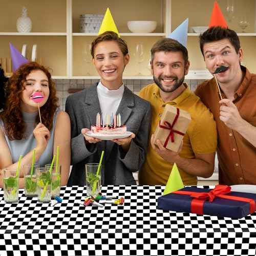 4 Pack Black and White Checkered Tablecloth Plastic 54 x 108 Inch Disposable Checkered Flag Table Cloth Rectangle for Picnic Camping Checkerboard Race Car Birthday Party Decorations Supplies