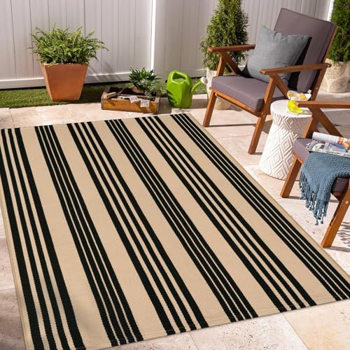 Outdoor Area Rug 4x6 ft Black and Tan Stripe Porch Decor - Tan/Black Variation