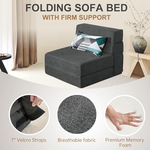 Dark Gray Folding Sofa Bed Single Size with Pillow - Convertible Floor Couch & Sleeper Chair