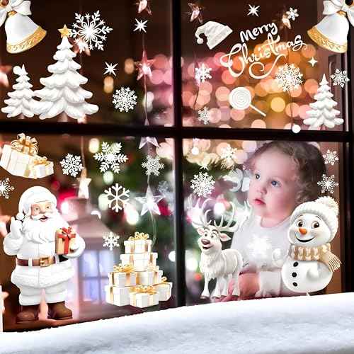 AhfuLife Christmas Window Clings, 190 PCS Large 3D Reusable Window Stickers for Glass, 9 Sheets Double Sided Santa Claus Snowman Snowflakes Reindeer Stickers for Party Decorations