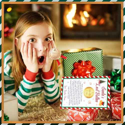 Daifunli Santa's Lost Button Set, Extra Large 1.38 Inch Diameter Alloy Santa Claus Missing Button with 3.9 x 5.91 Inch Express Letter and Red Thread Evidence Kit for Christmas Morning(Gold)