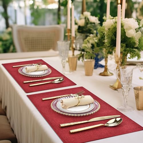 Wine Red Christmas Linen Placemats Set of 4 – Heat-Resistant, Machine Washable, 18x12 inches