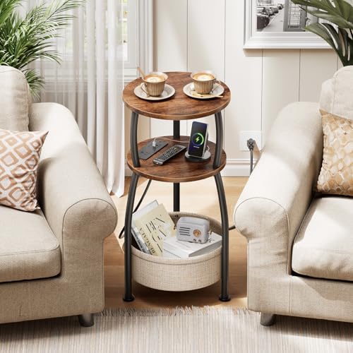Yuede Rustic Brown Round Side Table with Charging Station - 11.81" Dia