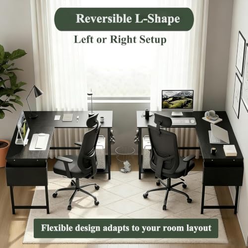 Reversible L Shaped Computer Desk with CPU Stand - Deep Black, 50 Inch
