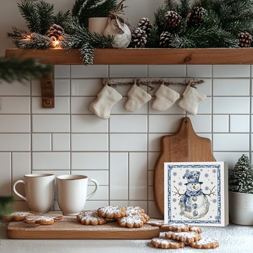 Dayouer Chinoiserie Snowman Wooden Sign - Blue & White Christmas Decor, 5x5 Inch