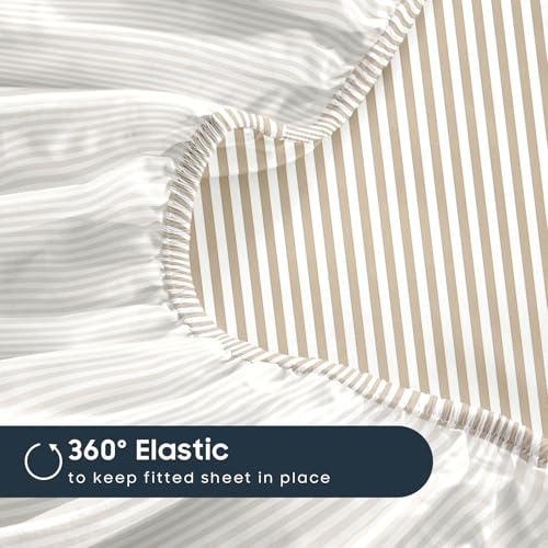 Wake In Cloud Queen Size Striped Bed Sheets Set - Light Brown & White Farmhouse Bedding
