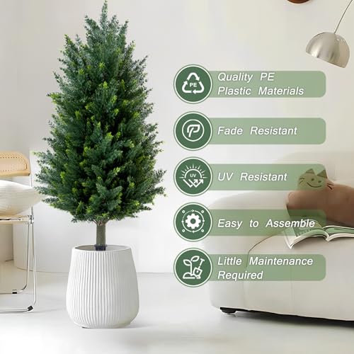 2pcs 3FT Artificial Cedar Topiary Trees with Ground Spikes - UV-Resistant Outdoor & Indoor Decor