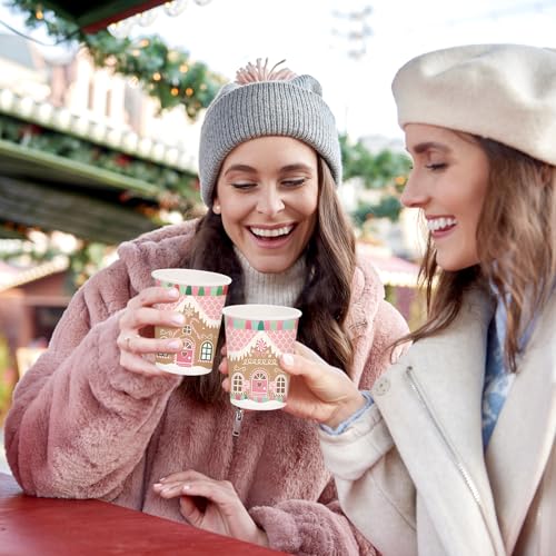 Whaline 100Pcs 9oz Christmas Gingerbread Paper Cups, Disposable Holiday Party Drinkware