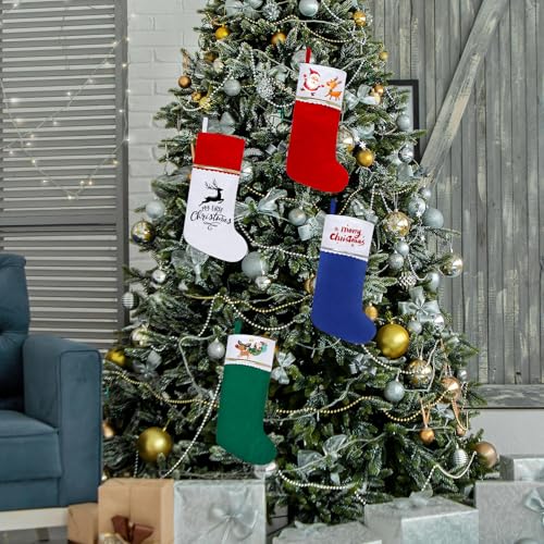 Subyan 12 Pack Felt Christmas Stockings - 19 Inch Red & White Holiday Hanging Ornaments with Gold Trim