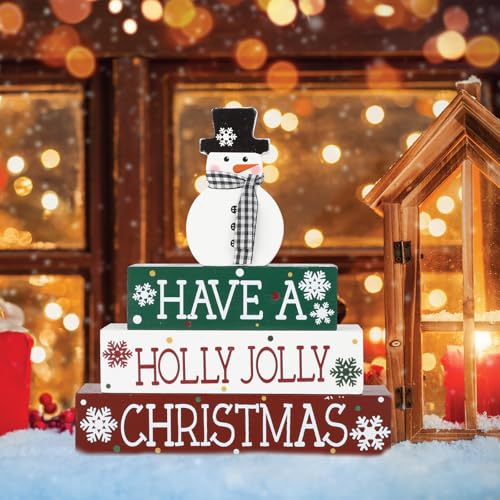 Red Large Christmas Snowman Wooden Table Sign Decor - Holiday Centerpiece, Farmhouse Winter Holiday Office Desk Tiered Tray Christmas Decorations