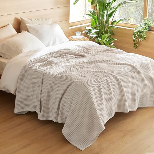 Bedsure 100% Cotton Waffle Blanket King Linen - Breathable All-Season Comfort