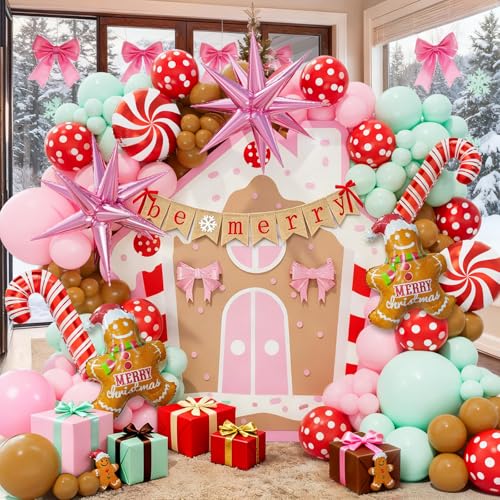 Christmas Balloon Garland Kit with Gingerbread, Candy Cane & Star Foil Balloons - Holiday Party Decor