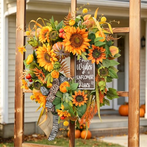 EcoRing 24-Inch Fall Wreath with Sunflowers - Autumn Harvest Decor, Orange