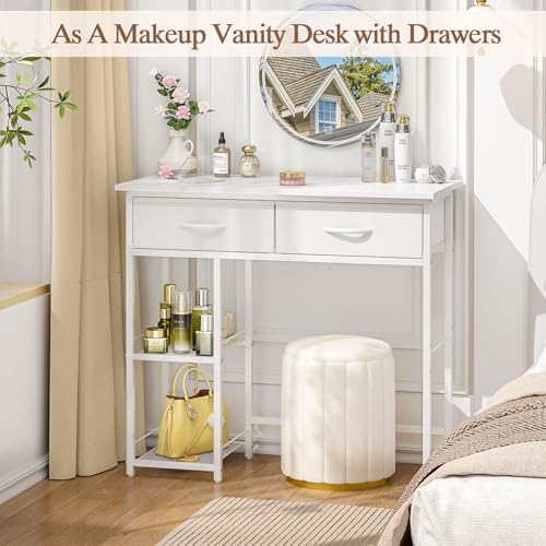 Small White Writing Desk with 2 Drawers & Storage Shelf - Compact Home Office & Bedroom Study Table - Variation: White