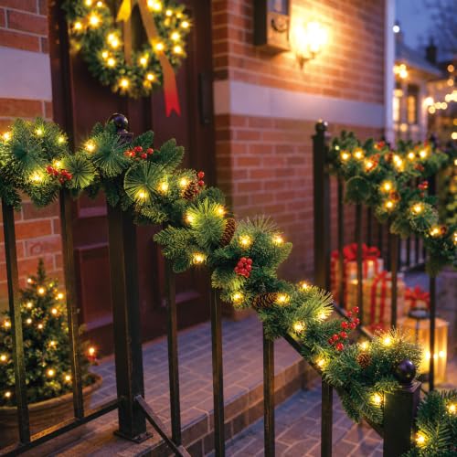 Dark Green 9FT Christmas Garland with Lights, Artificial Seasonal Decor with Cones & Berries