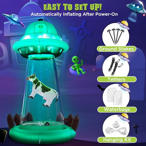 10 FT UFO Abduction Inflatable Halloween Decor with Cow & LED Lights - Outdoor Yard Decoration