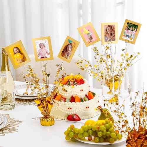 Amyhill 6 Set Metallic Foil Spray Table Centerpiece with 18 Pcs Picture Frames and Star Card Holder Star Burst Metallic Table Decoration for Birthday Party Wedding Holiday