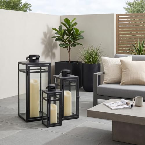 Black Stainless Steel Lanterns Set of 3 Outdoor & Indoor Candle Holders - Farmhouse Decor