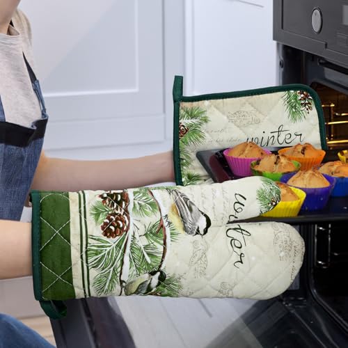 Winter Bird Leaf Oven Mitts & Pot Holders Set (Bird Leaf) 100% Cotton, 2pc
