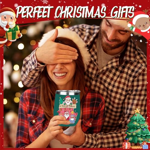 GUDEMAO 12 oz Christmas Insulated Stainless Steel Wine Tumbler with Lid – Green, 1 Pack