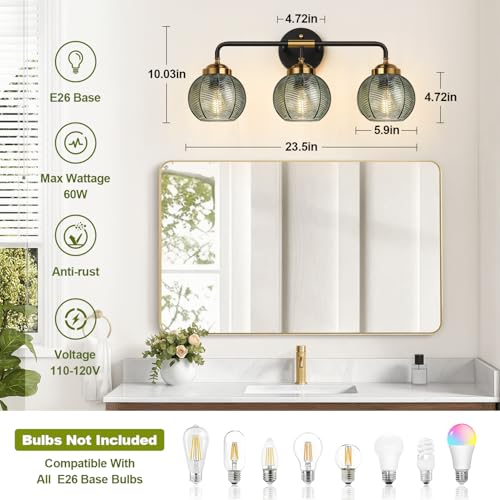 MOKATNG Green Leaf Textured Glass Bathroom Vanity Light - 3-Light Wall Fixture, Modern Matte Black & Gold Finish