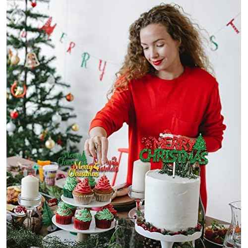 JOZON 37 Pack Gold Red Green Merry Christmas Cake Topper and Cupcake Toppers Set Glittery Xmas Holiday Cupcake Picks Christmas Party Cake Supplies Decoration