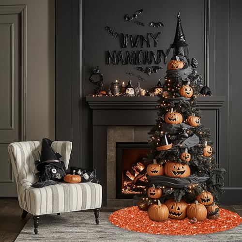 36 Inches Christmas Tree Skirts Orange Sequins Halloween Tree Skirt Shiny Velvet Xmas Tree Skirt Metallic Christmas Tree Mat Rustic Tree Skirts for Artificial Trees New Year Xmas Decoration