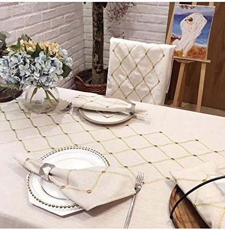 Heavyweight Cotton Linen Embroidery Tablecloth - Waterproof & Dust-Proof for Kitchen Dining (53 x 70 Inch, Rectangle/Oblong)