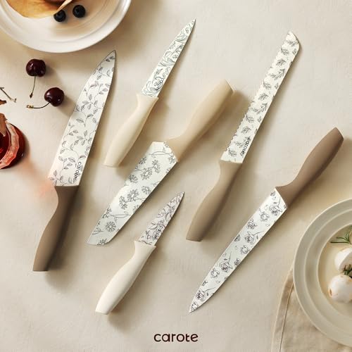 CAROTE Kitchen Knife Set, 6 Floral Knives with Blade Guards, 12-Piece