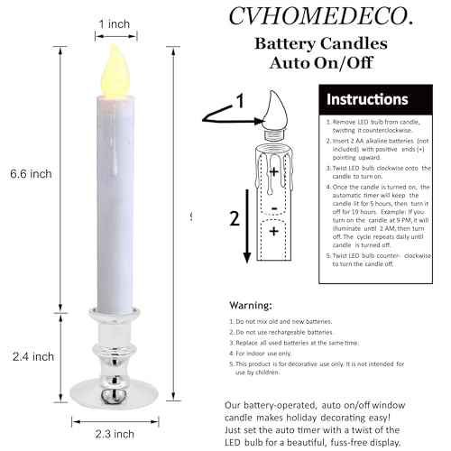 CVHOMEDECO. Window Candles with Suction Cups, Battery Operated LED Taper, Auto On/Off, Removable Silver Base, Flickering Warm Orange Flameless Lights Decor. (2 Pack)