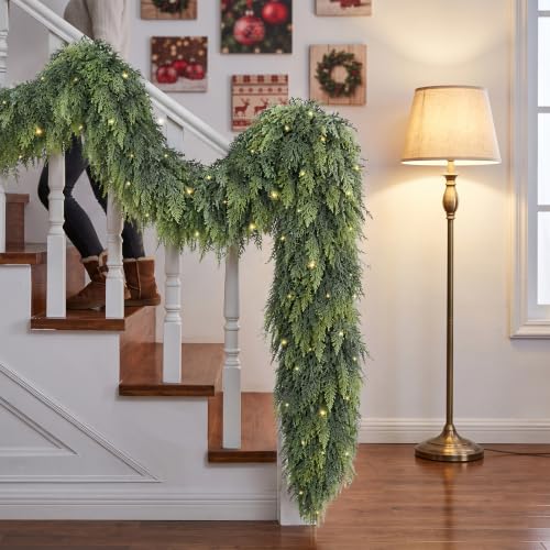 KAI-ROAD 6Ft Prelit Christmas Cedar Garland with Lights 2 Pack Real Touch Decor