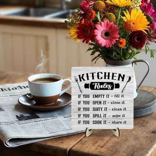 Kitchen Wooden Decor Sign, Rustic Kitchen Wooden Plaque, Inspirational Quote Wood Sign Decor for Rustic Farmhouse Home Living Room Dining Room Shelf Table Decoration, 5.9 x 5.9 inches