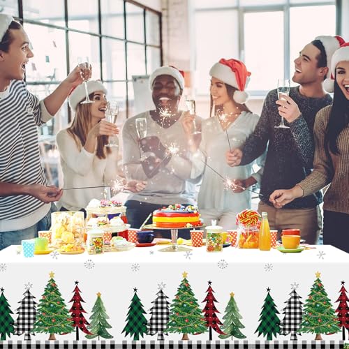 3Pcs Buffalo Plaid Christmas Tree Tablecloth, 54 x 108 Inch Waterproof Black and White Checkered Snowflake Table Cover, Xmas Party Decorations for Winter Holiday, New Year Decor