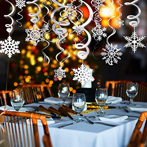 40Ct Christmas Snowflake Hanging Swirl Decorations,Christmas Hanging Ceiling Streamers Snowflake Hanging Swirls and Strings Decoration, Winter Party Wonderland Xmas Holiday Decor Supplies
