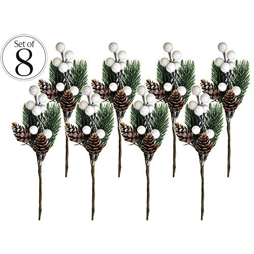 OLYPHAN White Christmas Berries/Berry Stems w. Pine Branches & Artificial Pine Cones/White Holly Spray/Wreath Picks for Winter Decor, Holiday Crafts, Xmas Decorations/Decorative Pick (Snow)