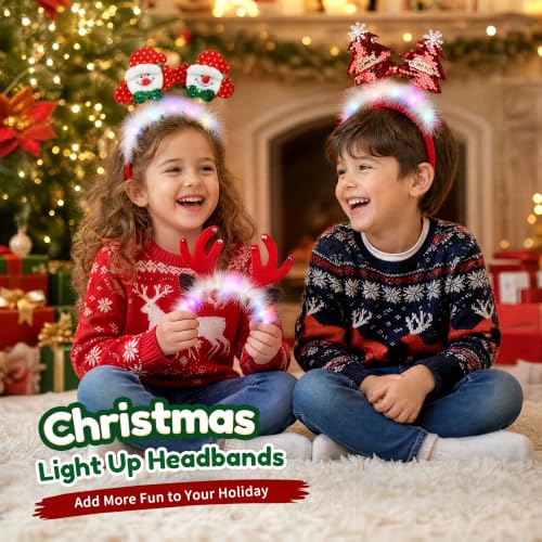 9 Pack Light Up Christmas Headbands with 3 Modes - Assorted Xmas Headwear for Adults & Kids