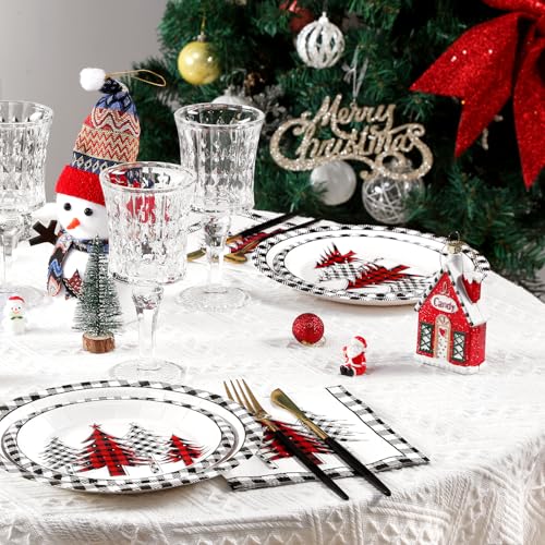 Homlouue 200Pcs Christmas Dinnerware Set — Red & White Tree & Plaid Plates + Napkins (50 Guests) Black & White Variant