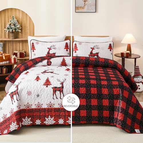 Dinjoy Christmas Quilt Set King Size Red Deer Plaid 3-Piece