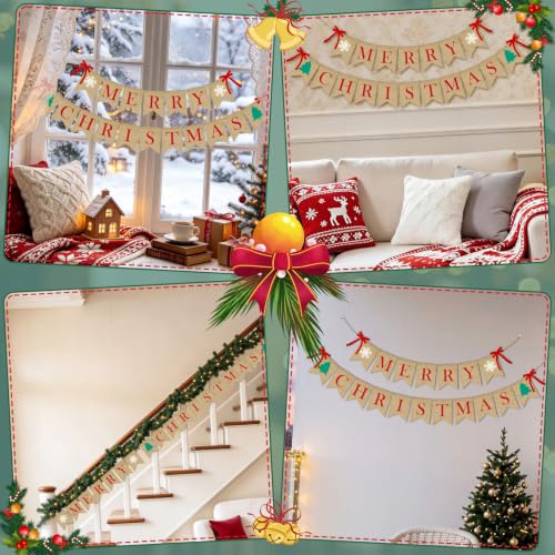 PACETAP Merry Christmas Burlap Banner 10ft with Brown & Red Bow ā Indoor Home Decor