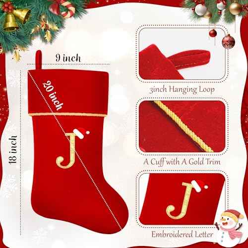 Personalized Christmas Stockings with Initials, 20 Inches Large Red Velvet Embroidered Monogram Xmas Stocking for Family Holiday Party Gifts Fireplace Decor(Letter J)