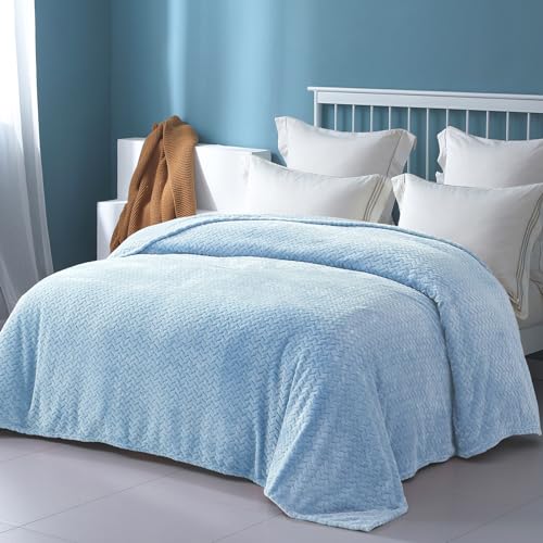 Exclusivo Mezcla Light Blue Fleece Queen Size Blanket for Bed, 90x90 Inches Soft Cozy Jacquard Flannel Blankets, Lightweight Fuzzy Plush Warm for All Seasons