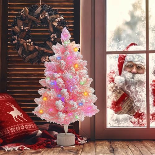 Pink Artificial Christmas Tree with Lights - 2ft Snow Flocked Mini Tree for Indoor & Outdoor Holiday Decor - Battery Operated, Wooden Stand, LED String Included