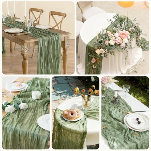 Veblandy Sage Green Cheesecloth Table Runner 120 Inch Boho Rustic Wedding Decor